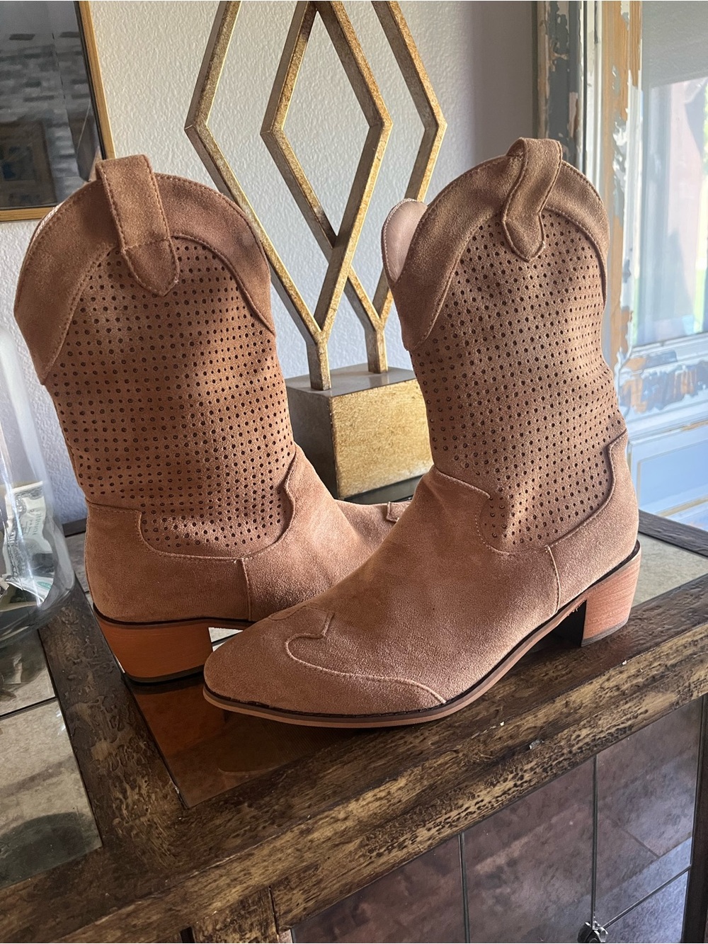 Suede Perforated Western Ankle Boots in taupe